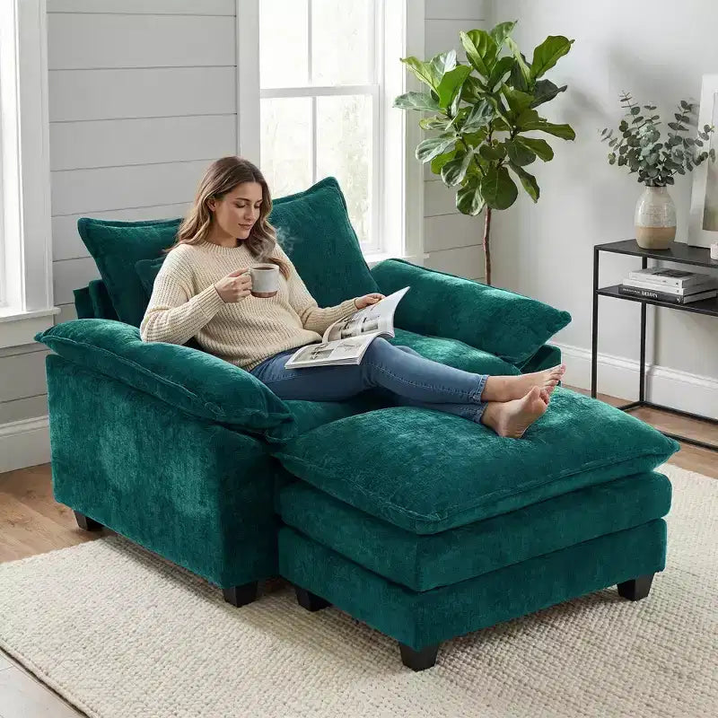 Poltrona a 1 posto in ciniglia accent Beige / Nera / Blu / Verde / Grigia / Kaki / Arancione / Verde acqua, con pouf