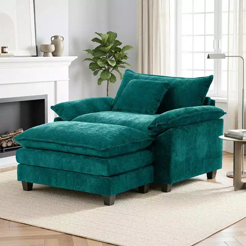 Poltrona a 1 posto in ciniglia accent Beige / Nera / Blu / Verde / Grigia / Kaki / Arancione / Verde acqua, con pouf