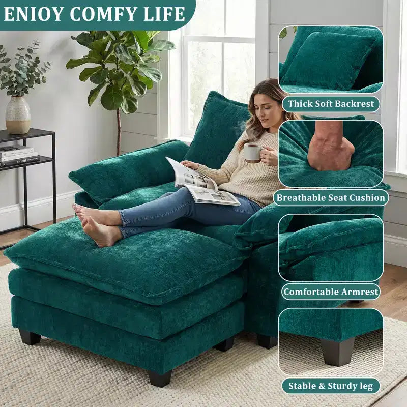 Poltrona a 1 posto in ciniglia accent Beige / Nera / Blu / Verde / Grigia / Kaki / Arancione / Verde acqua, con pouf