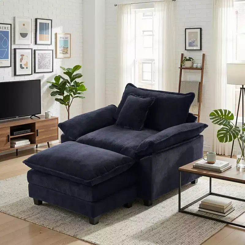 Poltrona a 1 posto in ciniglia accent Beige / Nera / Blu / Verde / Grigia / Kaki / Arancione / Verde acqua, con pouf