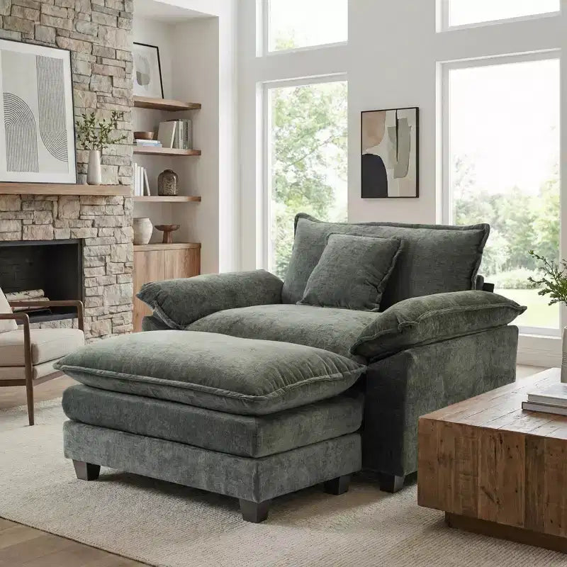 Poltrona a 1 posto in ciniglia accent Beige / Nera / Blu / Verde / Grigia / Kaki / Arancione / Verde acqua, con pouf