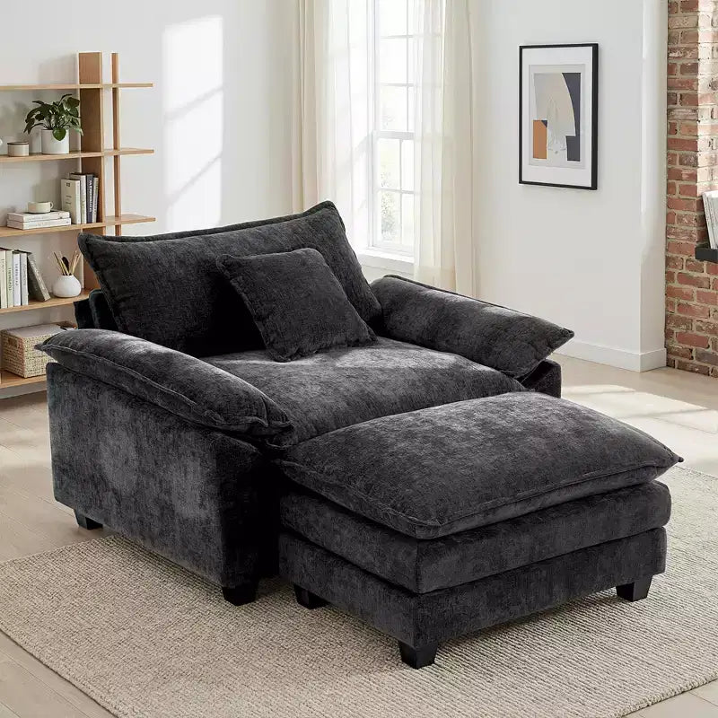 Poltrona a 1 posto in ciniglia accent Beige / Nera / Blu / Verde / Grigia / Kaki / Arancione / Verde acqua, con pouf