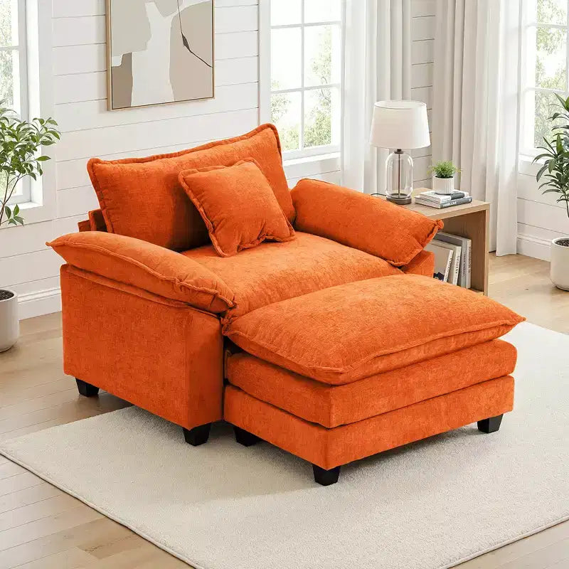Poltrona a 1 posto in ciniglia accent Beige / Nera / Blu / Verde / Grigia / Kaki / Arancione / Verde acqua, con pouf