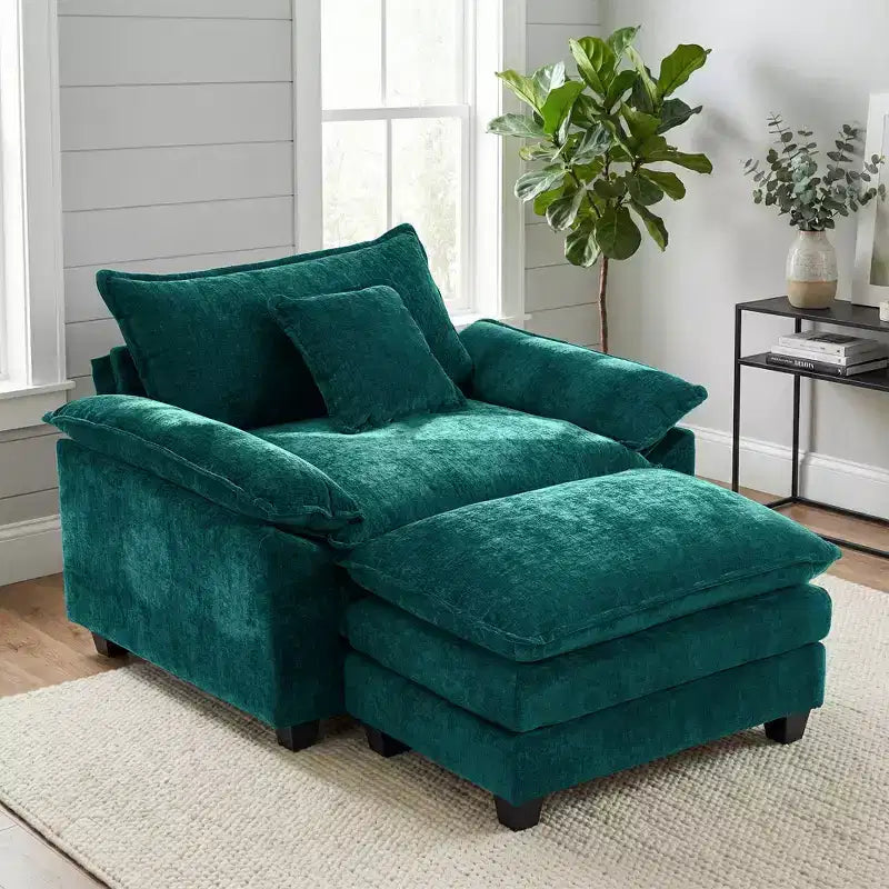 Poltrona a 1 posto in ciniglia accent Beige / Nera / Blu / Verde / Grigia / Kaki / Arancione / Verde acqua, con pouf