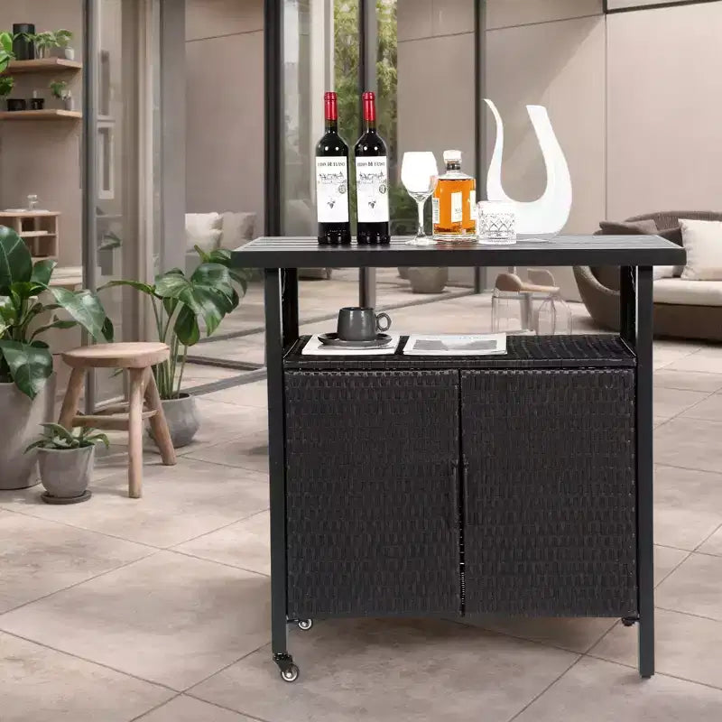 Carrello da bar in acciaio e vimini nero, da esterno, 1 persona