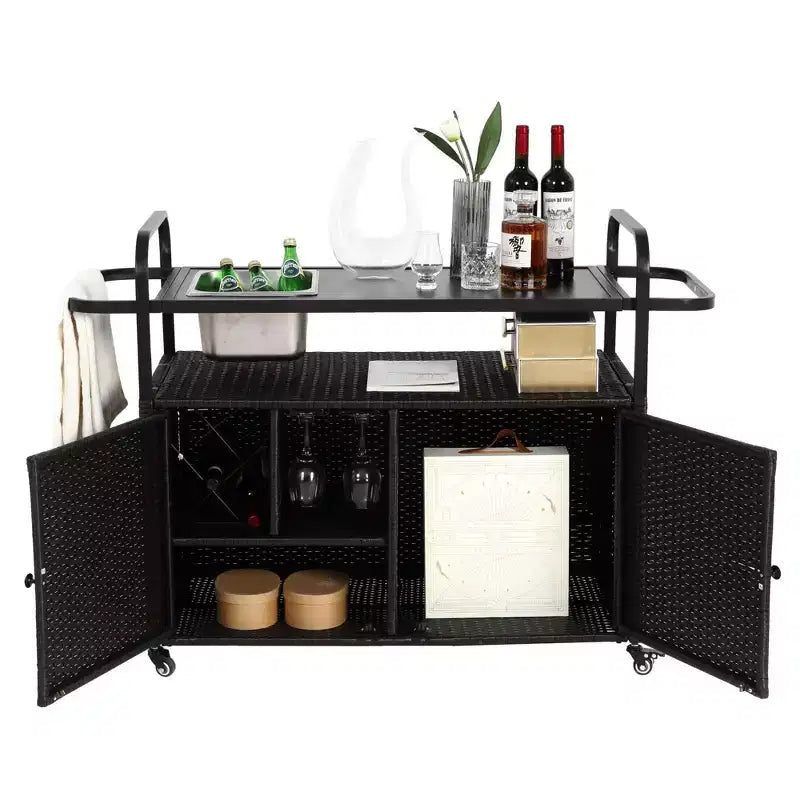 Carrello da Bar da Esterno in Rattan Nero con Piano in Acciaio, 1 Persona