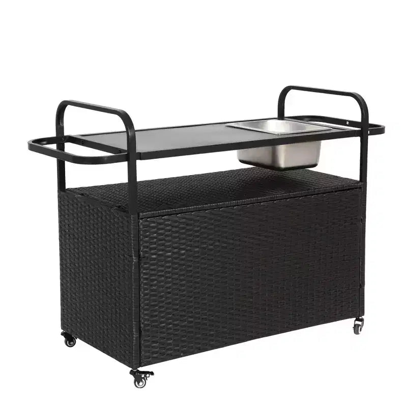 Carrello da Bar da Esterno in Rattan Nero con Piano in Acciaio, 1 Persona