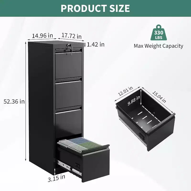 Cassettiera verticale in metallo nero a 4 cassetti con serratura, per 1 utente