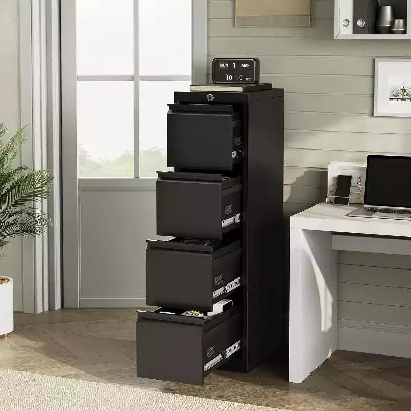Cassettiera verticale in metallo nero a 4 cassetti con serratura, per 1 utente