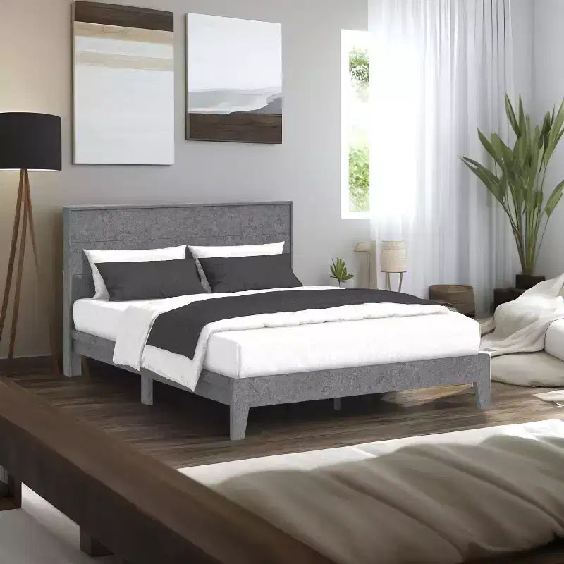 Letto a piattaforma Queen color grigio cemento con testiera, 2 persone