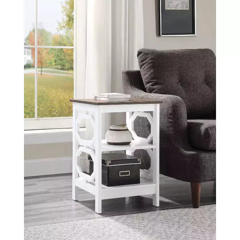 HomeStock Belmont End Table with Octagon Cut Out Panels and Three Tier Shelves, Sleek Geometric Design Accent Table for Living Room Storage Dcor