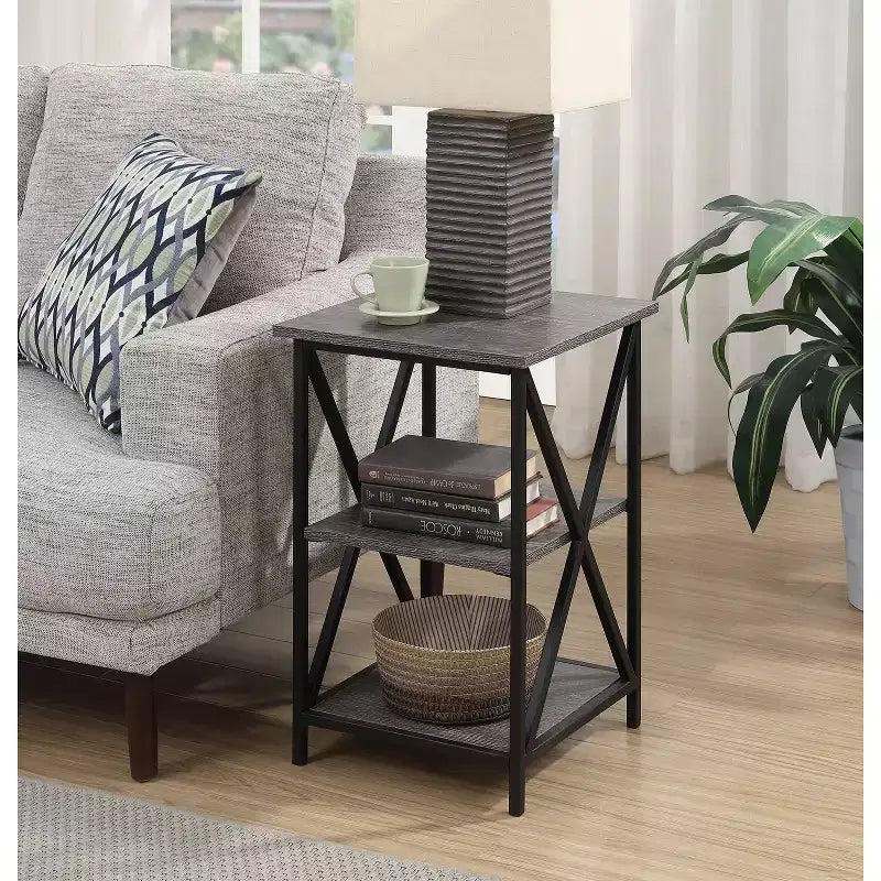 HomeStock Belmont Set of 2 Nesting End Tables with Powder Coated Metal X Frame, Woodgrain Surfaces, Space Saving Versatile Design