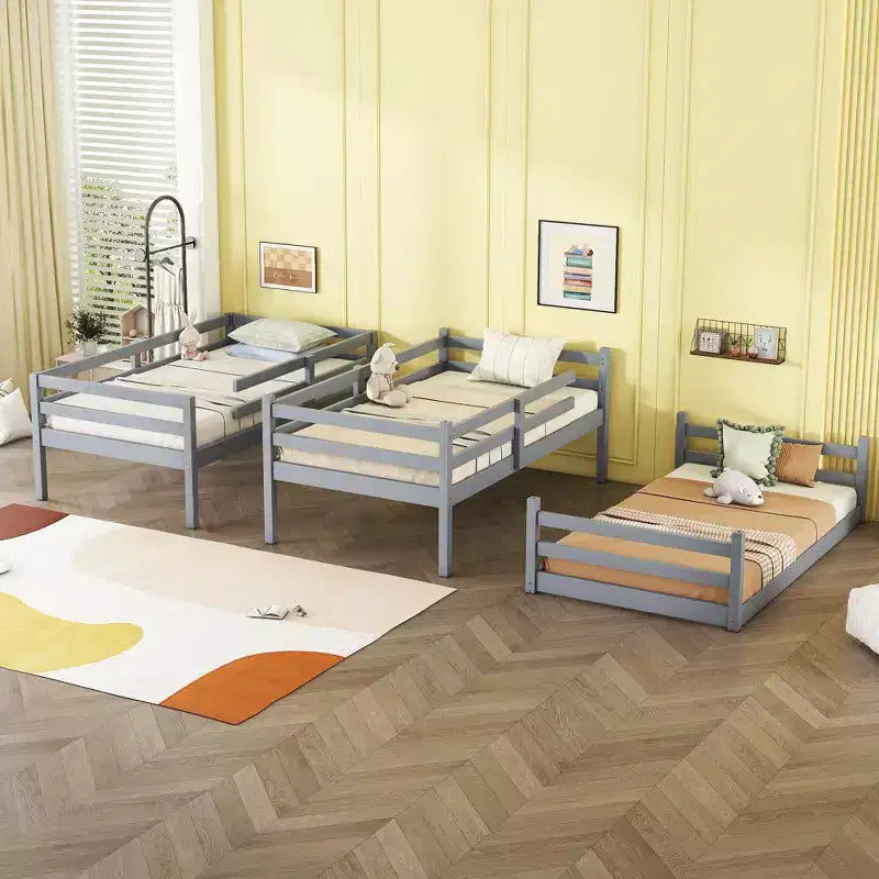 Letto a Castello Triplo Grigio con Scale e Sponde, Piazza/Piazza/Piazza, per 3