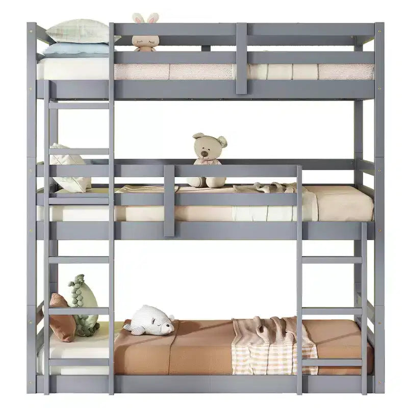 Letto a Castello Triplo Grigio con Scale e Sponde, Piazza/Piazza/Piazza, per 3