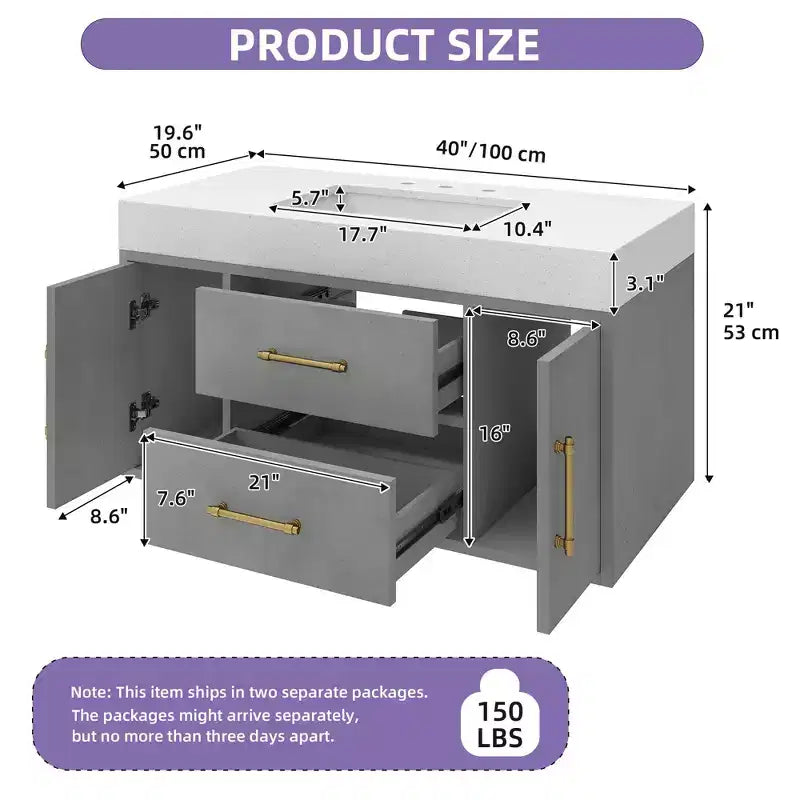 Mobile bagno sospeso grigio con 2 ante e 2 cassetti, montaggio a parete, 1 persona