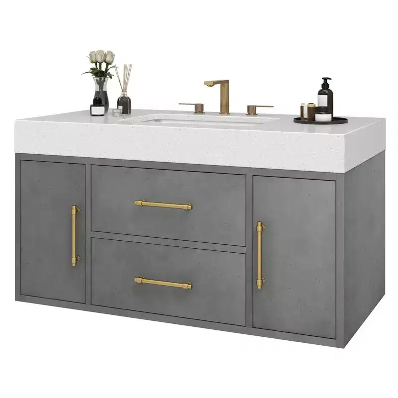 Mobile bagno sospeso grigio con 2 ante e 2 cassetti, montaggio a parete, 1 persona