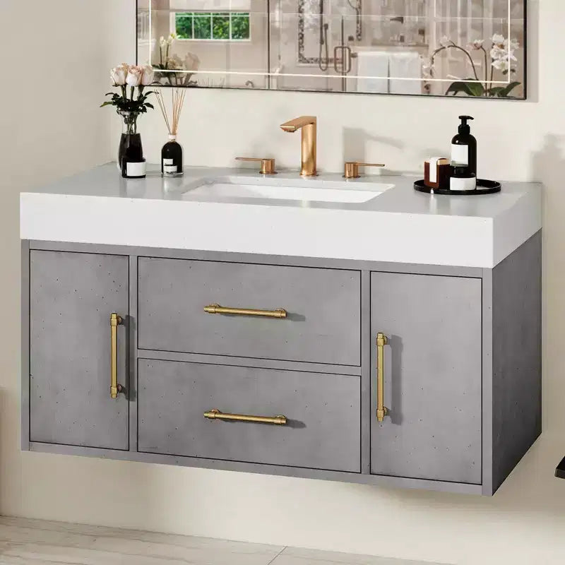 Mobile bagno sospeso grigio con 2 ante e 2 cassetti, montaggio a parete, 1 persona