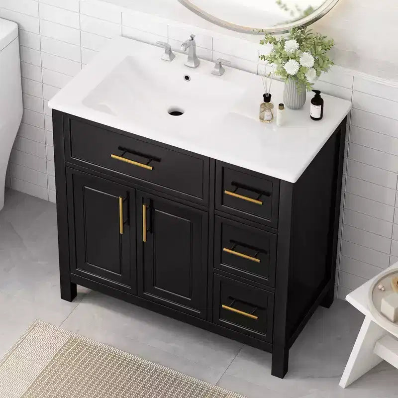 Mobile bagno da 36" bianco e oro da terra con lavabo in ceramica, 4 cassetti, singolo