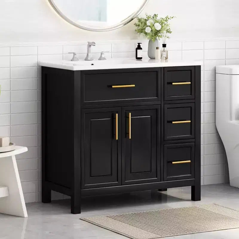 Mobile bagno da 36" bianco e oro da terra con lavabo in ceramica, 4 cassetti, singolo