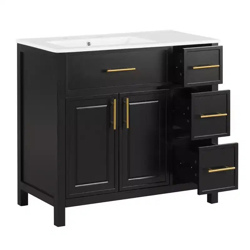 Mobile bagno da 36" bianco e oro da terra con lavabo in ceramica, 4 cassetti, singolo