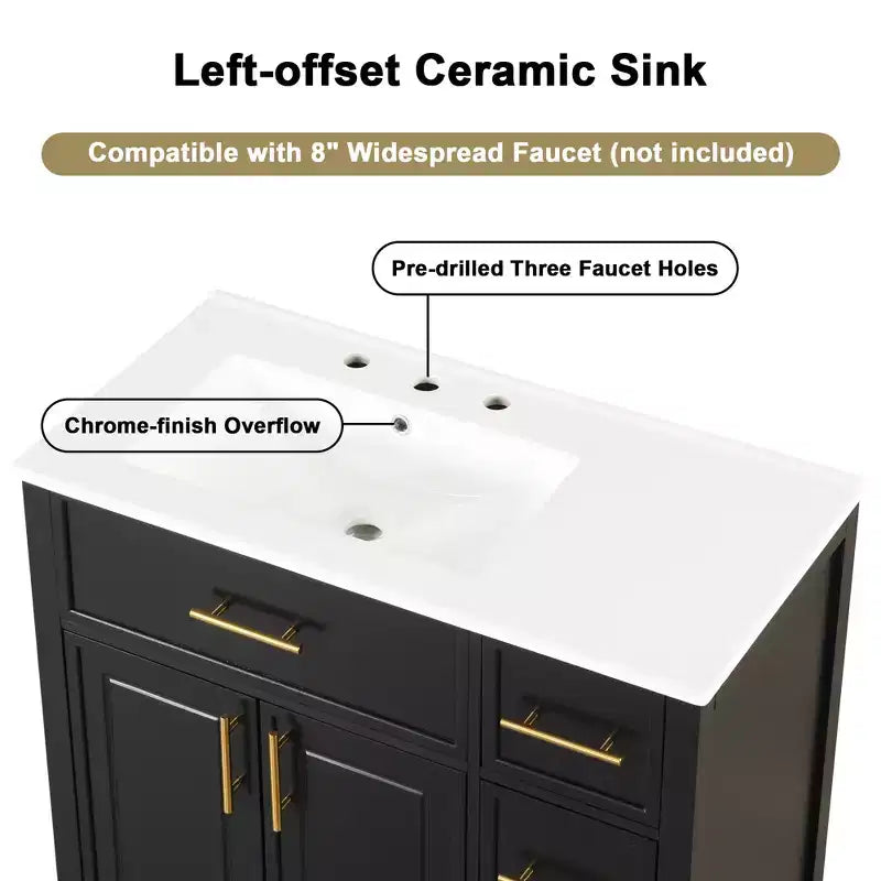 Mobile bagno da 36" bianco e oro da terra con lavabo in ceramica, 4 cassetti, singolo