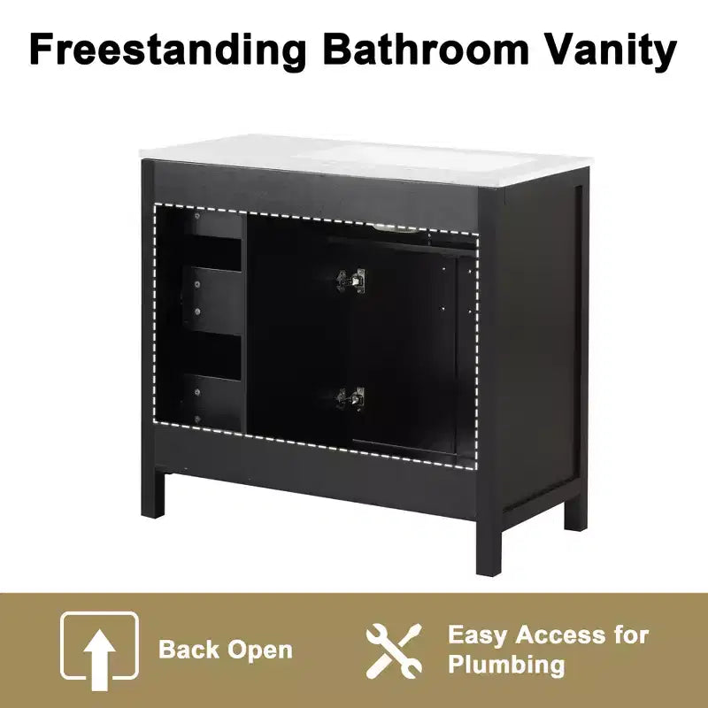 Mobile bagno da 36" bianco e oro da terra con lavabo in ceramica, 4 cassetti, singolo