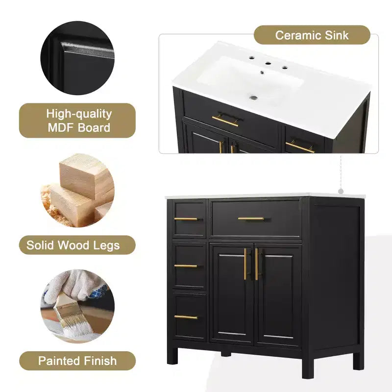 Mobile bagno da 36" bianco e oro da terra con lavabo in ceramica, 4 cassetti, singolo