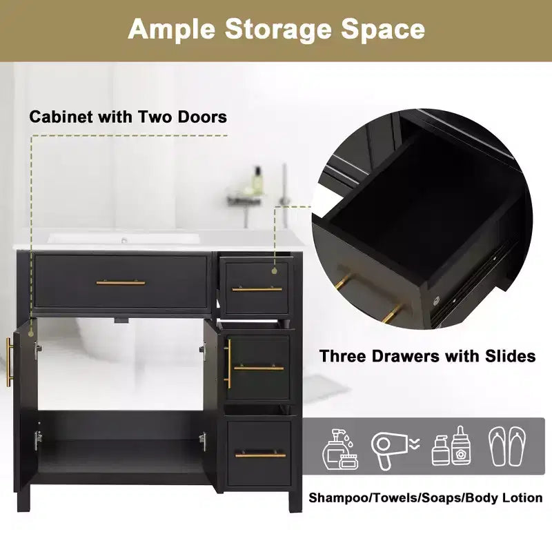 Mobile bagno da 36" bianco e oro da terra con lavabo in ceramica, 4 cassetti, singolo