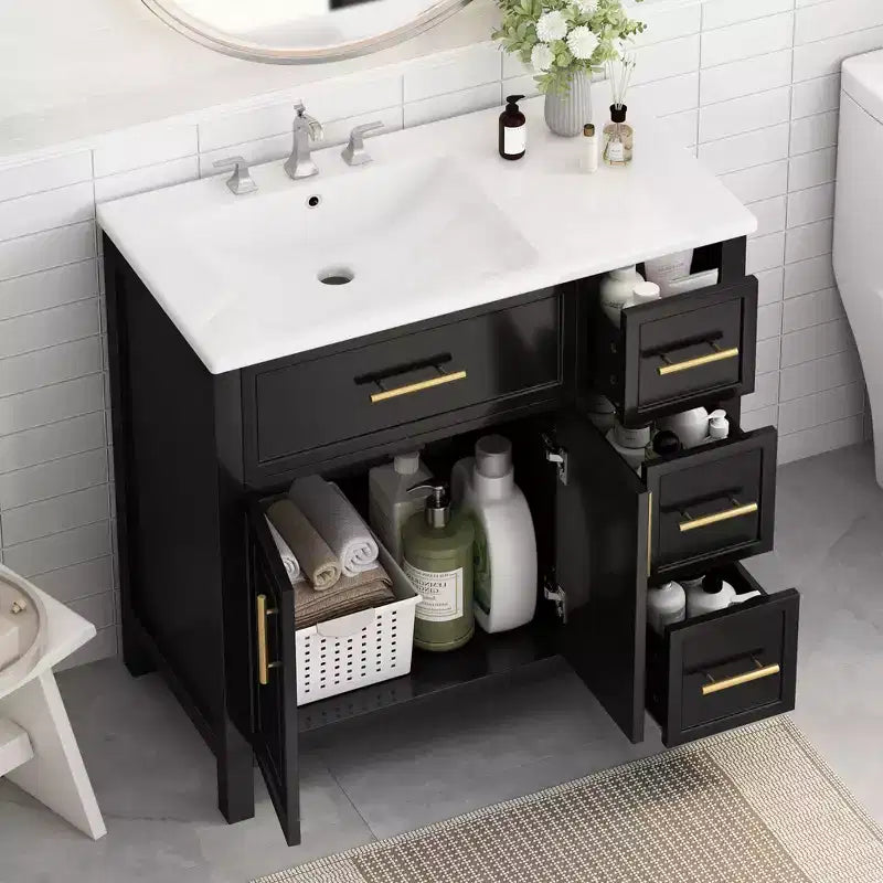 Mobile bagno da 36" bianco e oro da terra con lavabo in ceramica, 4 cassetti, singolo