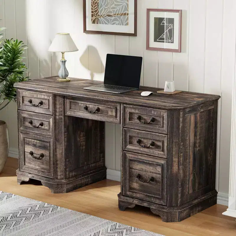 59 Executive Desk with Drawers, Office Desk with File Drawers, Computer Desk w/Charging Station & Keyboard Tray for Home Office