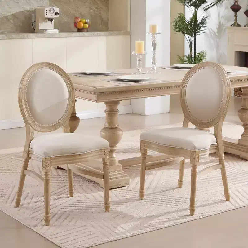 Sedia da pranzo Beige intagliata con schienale tondo, imbottita, set da 2
