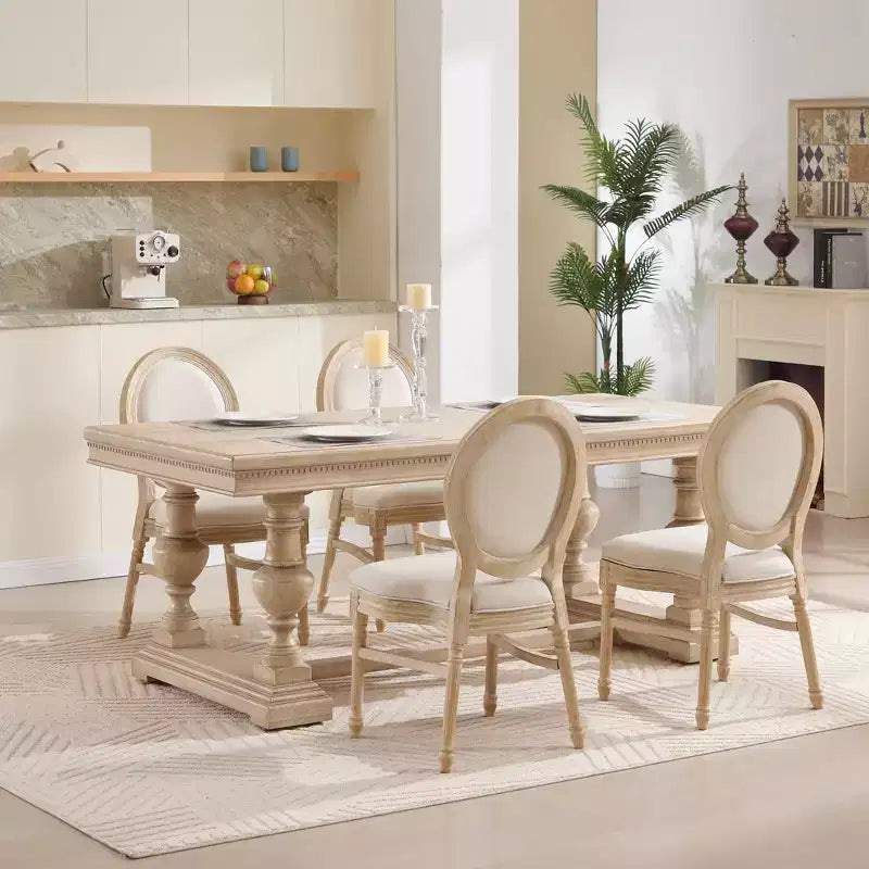 Sedia da pranzo Beige intagliata con schienale tondo, imbottita, set da 2