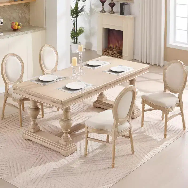 Sedia da pranzo Beige intagliata con schienale tondo, imbottita, set da 2