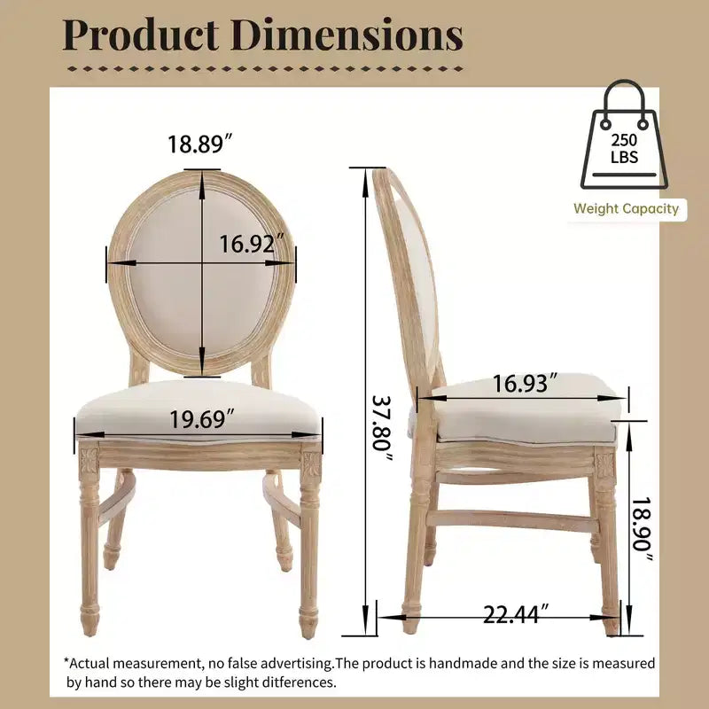Sedia da pranzo Beige intagliata con schienale tondo, imbottita, set da 2