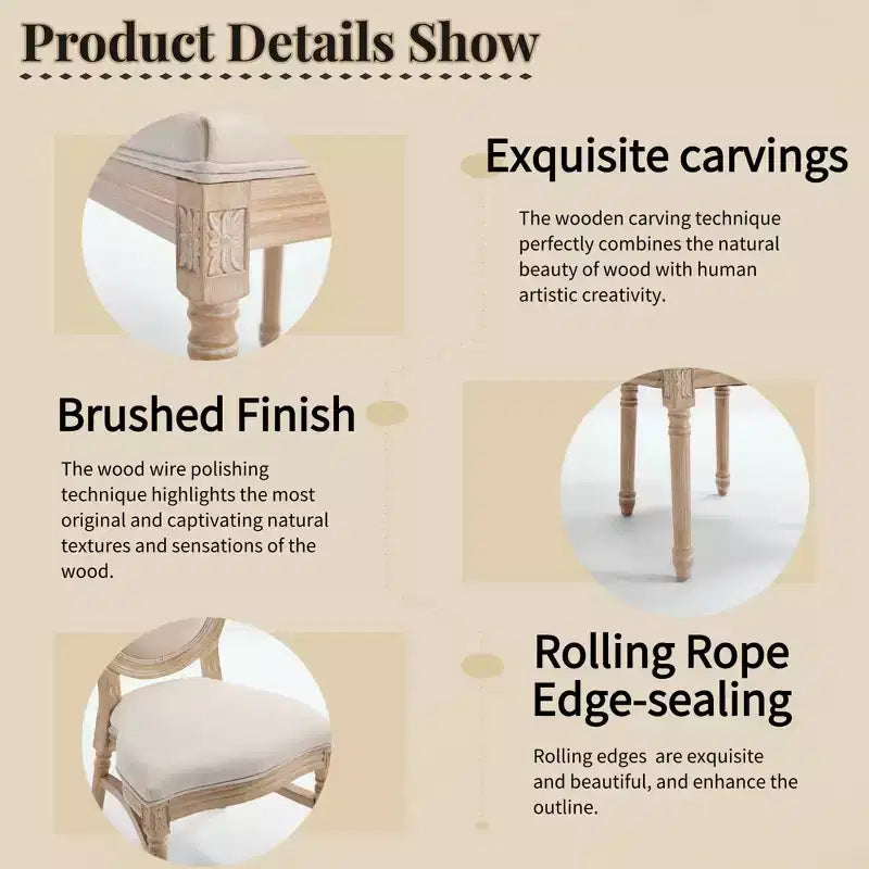 Sedia da pranzo Beige intagliata con schienale tondo, imbottita, set da 2