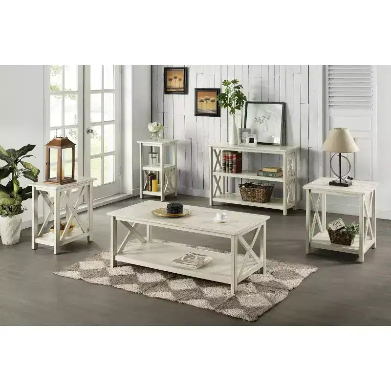 Tavolo da ingresso Off-White a 2 ripiani, stile rustico