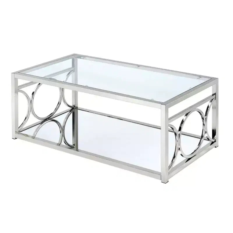 HOMES: Inside + Out Nora Coffee Table Chrome: Contemporary Silver Metal Frame, Clear Tempered Glass, Storage Shelf, 4-Point Base
