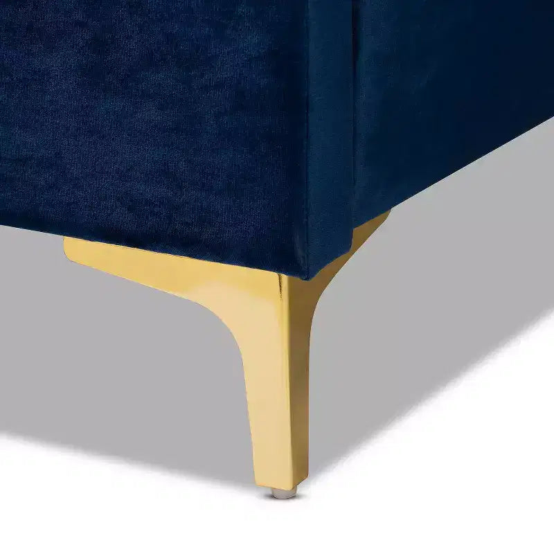 Letto Queen imbottito in velluto grigio con bottoni e gambe dorate