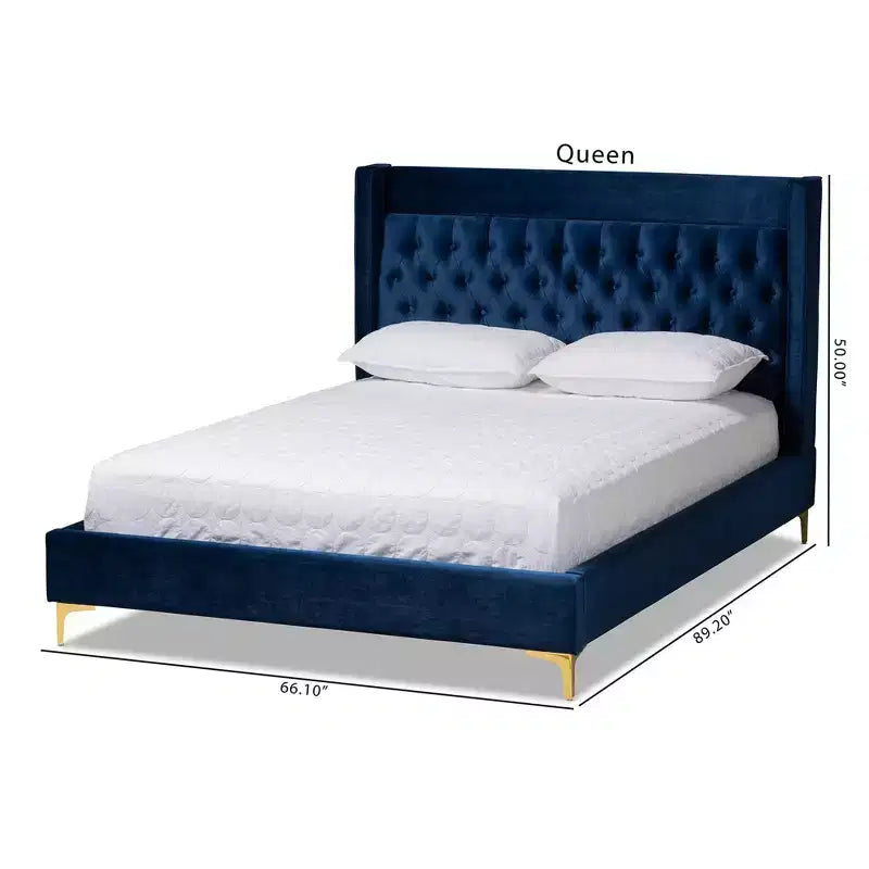 Letto Queen imbottito in velluto grigio con bottoni e gambe dorate