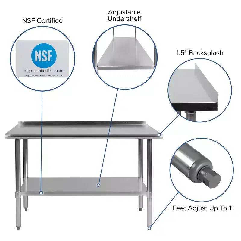 Tavolo da preparazione e lavoro in acciaio inossidabile con alzatina e ripiano regolabile, argento, monoposto, certificato NSF
