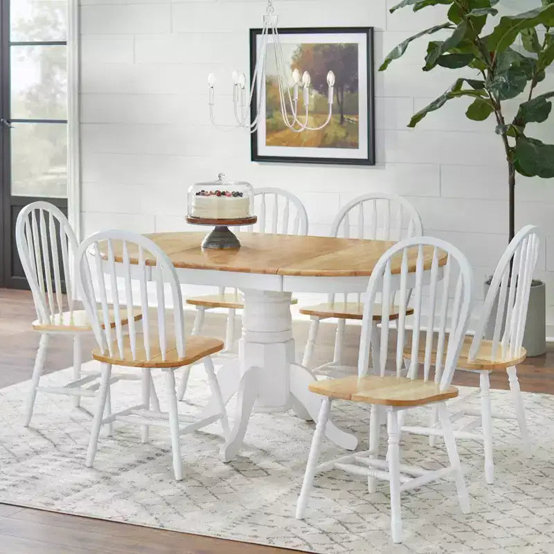 Set tavolo da pranzo allungabile rotondo da fattoria, bianco/naturale e multicolore, 6 posti, 7 pezzi