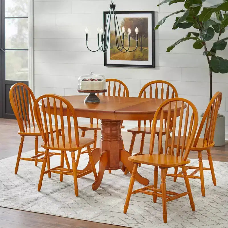 Set tavolo da pranzo allungabile rotondo da fattoria, bianco/naturale e multicolore, 6 posti, 7 pezzi