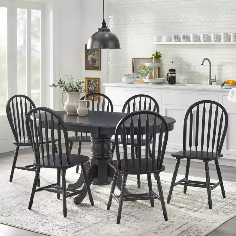 Set tavolo da pranzo allungabile rotondo da fattoria, bianco/naturale e multicolore, 6 posti, 7 pezzi