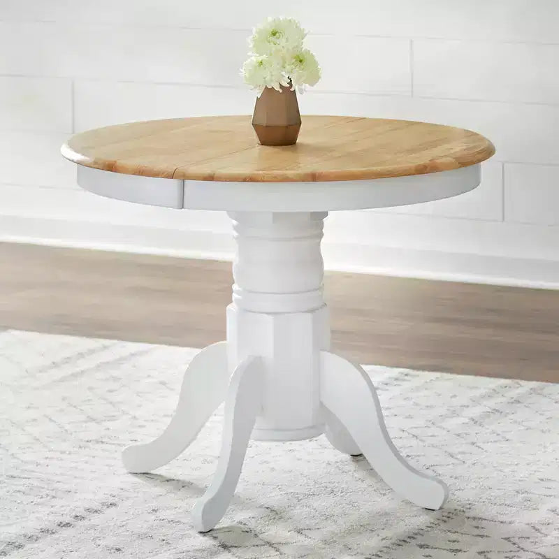 Set tavolo da pranzo allungabile rotondo da fattoria, bianco/naturale e multicolore, 6 posti, 7 pezzi
