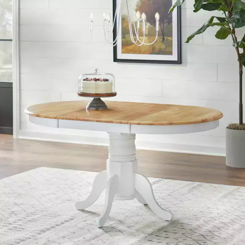 Set tavolo da pranzo allungabile rotondo da fattoria, bianco/naturale e multicolore, 6 posti, 7 pezzi