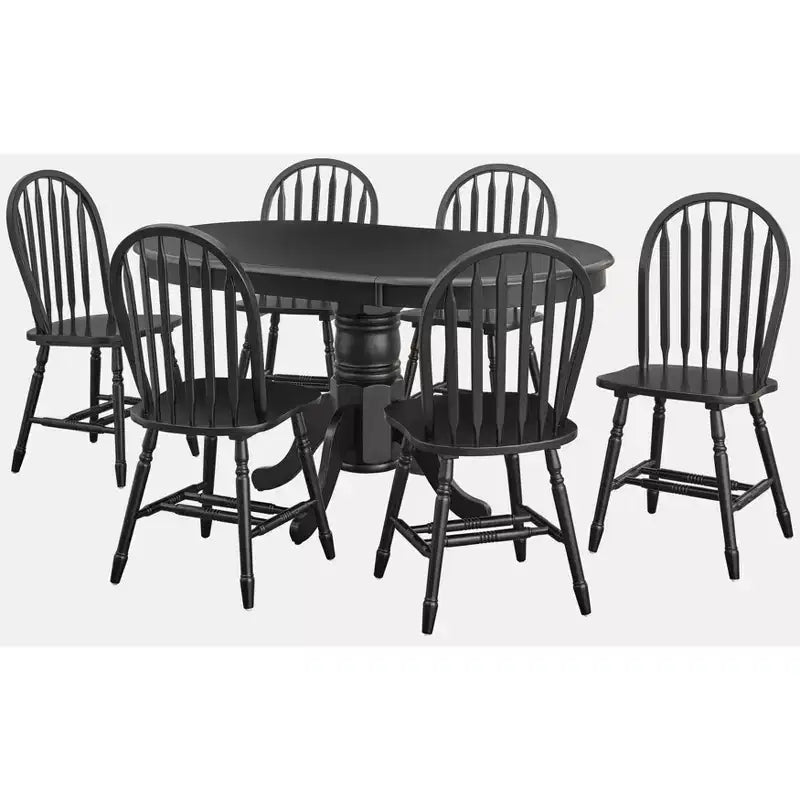 Set tavolo da pranzo allungabile rotondo da fattoria, bianco/naturale e multicolore, 6 posti, 7 pezzi