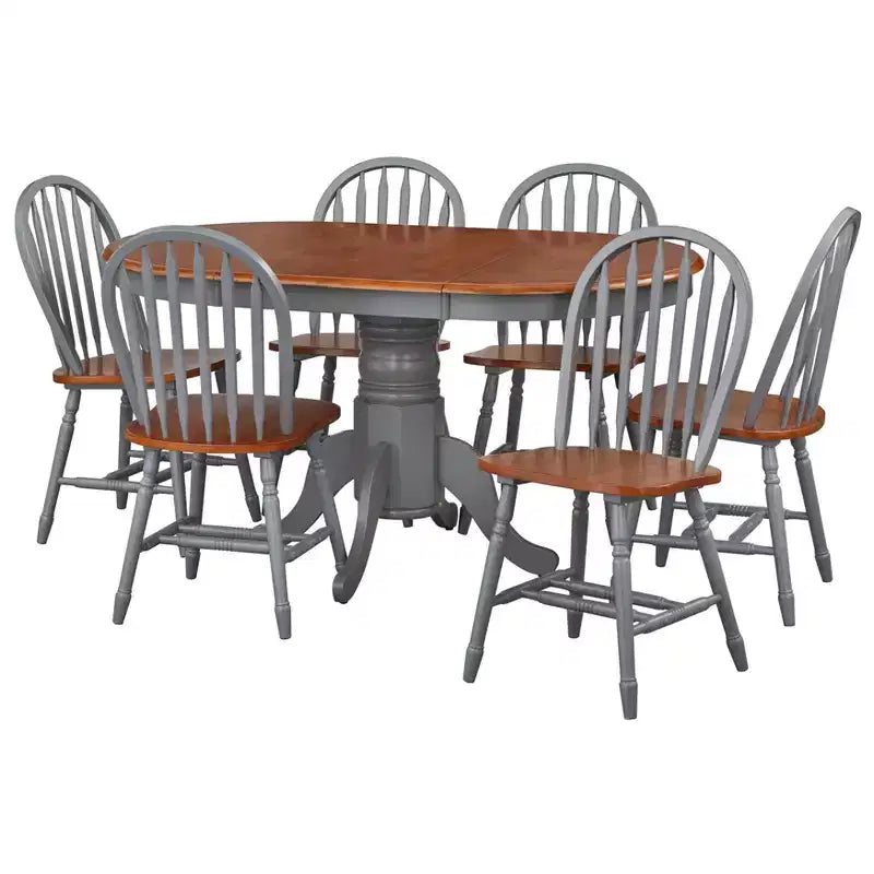 Set tavolo da pranzo allungabile rotondo da fattoria, bianco/naturale e multicolore, 6 posti, 7 pezzi