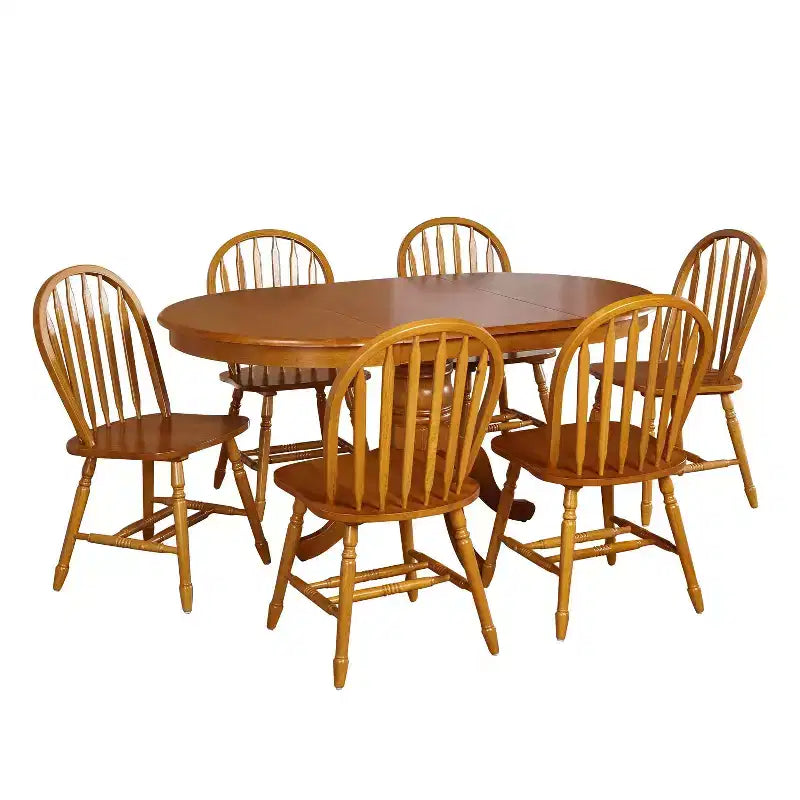 Set tavolo da pranzo allungabile rotondo da fattoria, bianco/naturale e multicolore, 6 posti, 7 pezzi