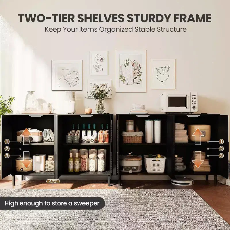 Credenza a 4 ante in rattan naturale con ripiani regolabili, montaggio da parte di un singolo utente