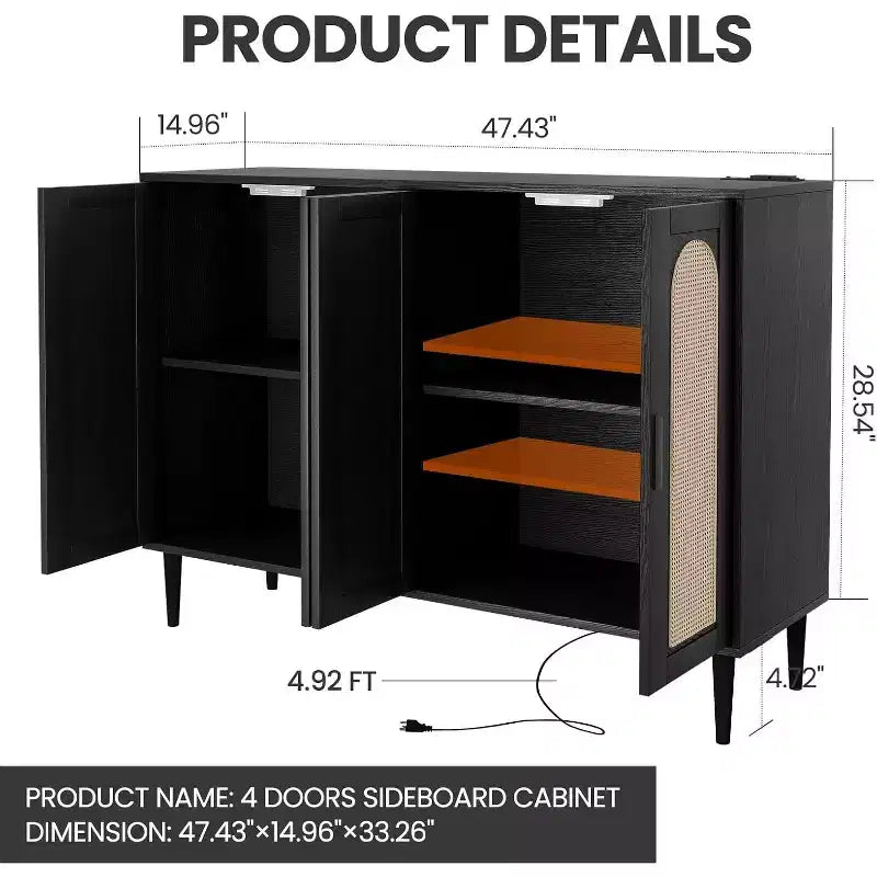 Credenza a 4 ante in rattan naturale con ripiani regolabili, montaggio da parte di un singolo utente